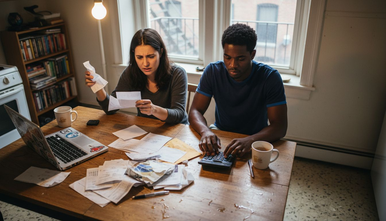 Couple discussing finances at messy kitchen table