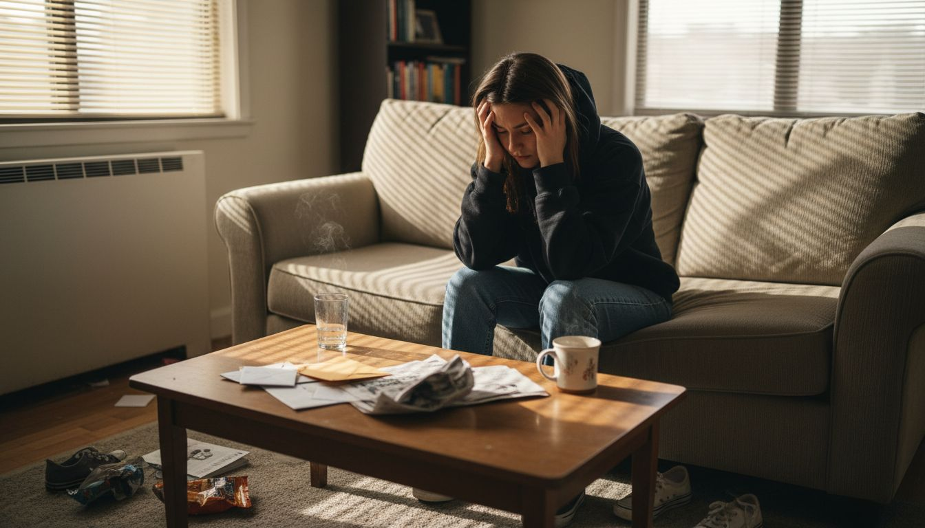 Woman stressed and sad in living room