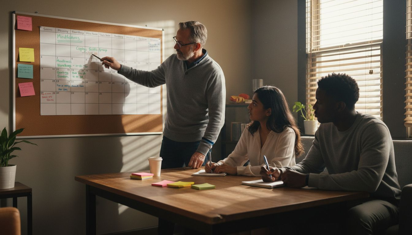 Supervisor guiding clinicians in therapy group room