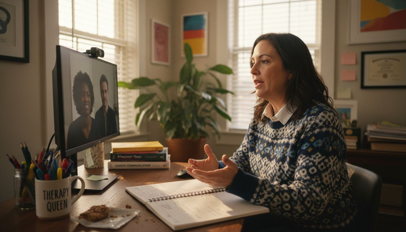 Therapist conducting virtual counseling at cluttered desk