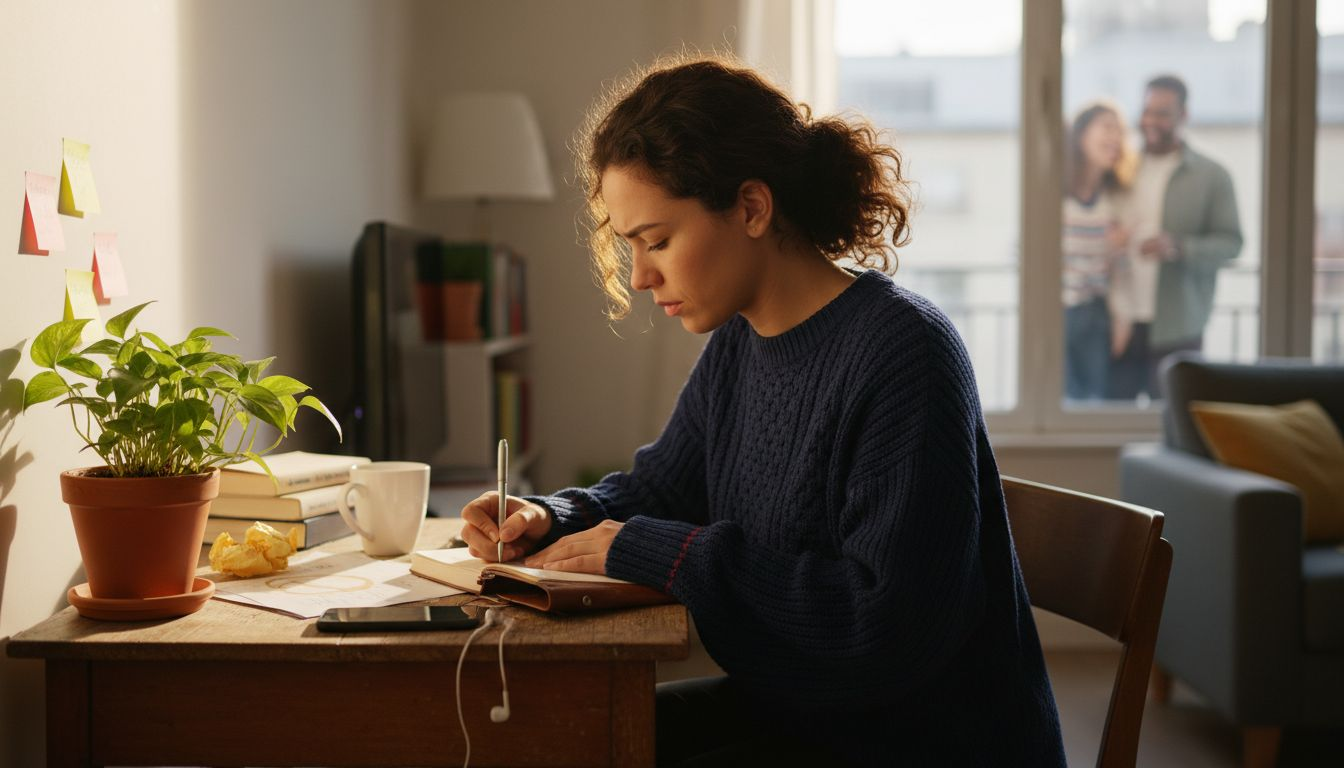 Woman journaling at desk with sunlight