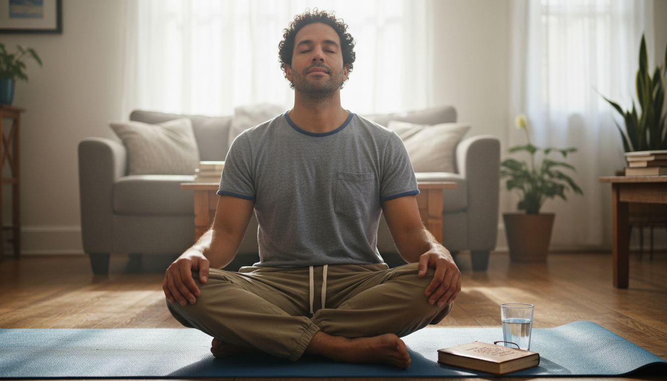 Man practicing mindful breathing at home