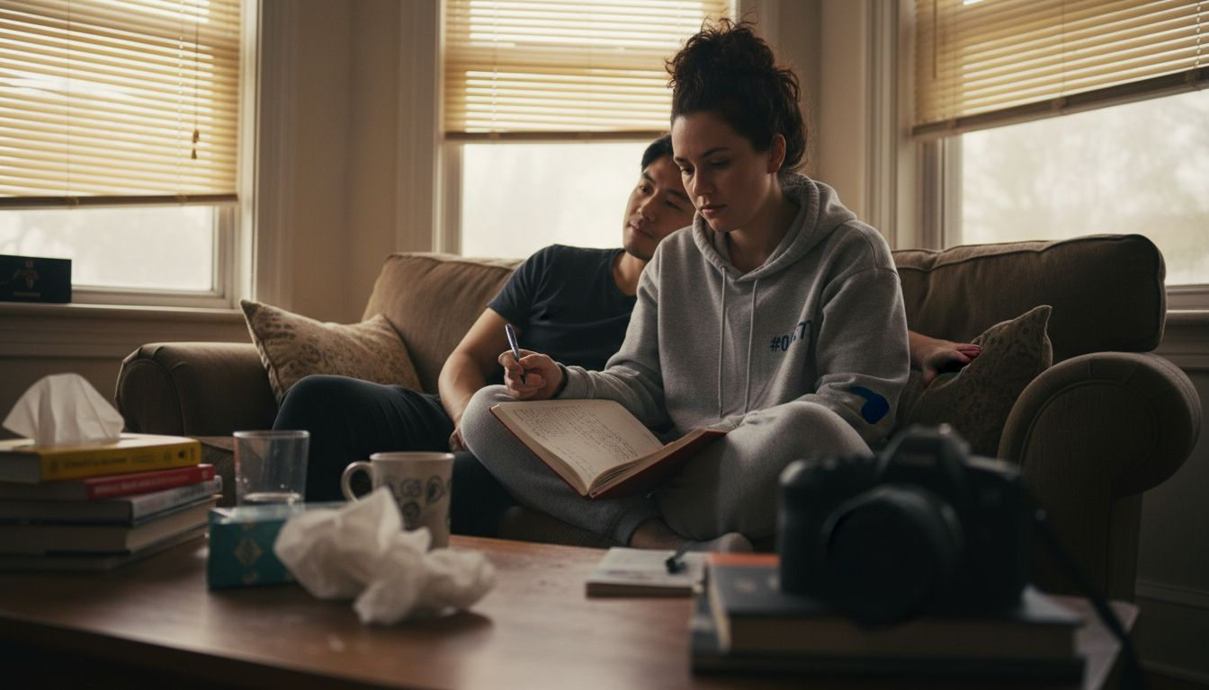 Woman quietly journaling in lived-in apartment