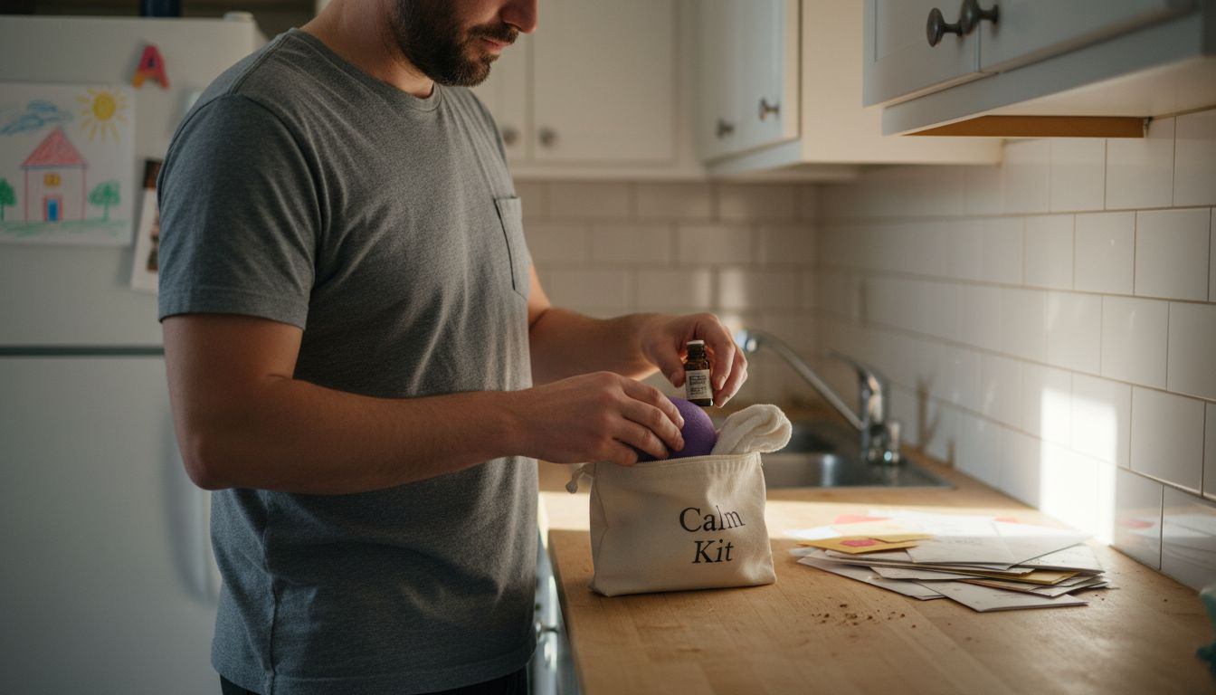 Parent assembling a sensory calm down kit