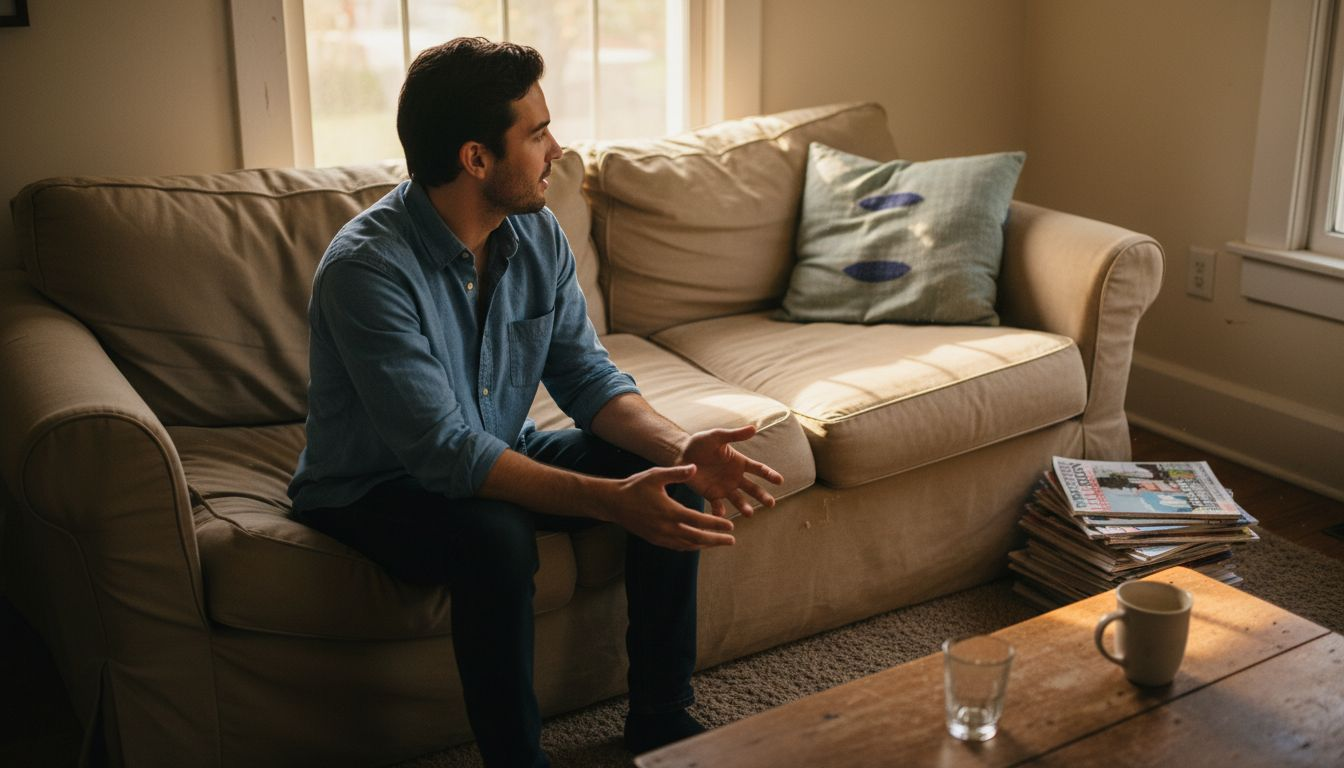 Woman listening attentively on sofa