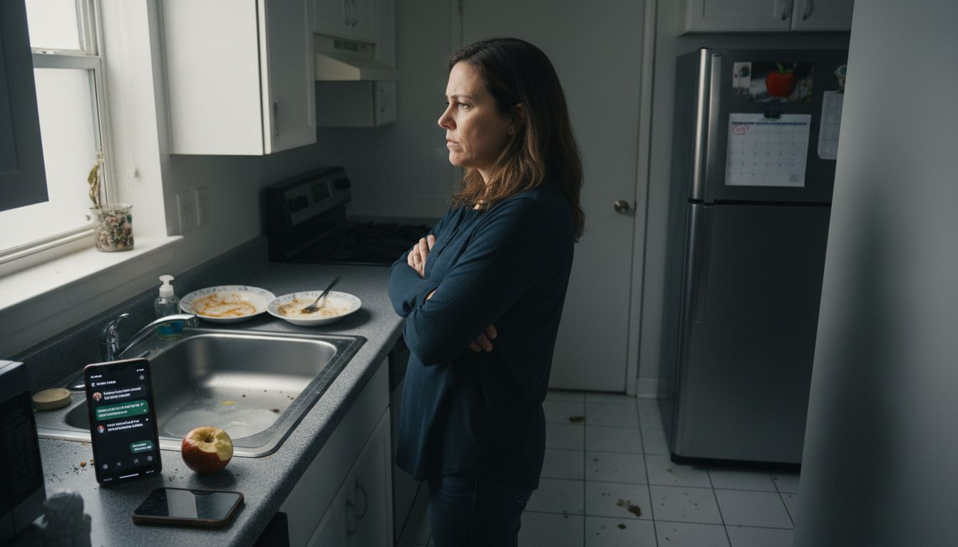 Woman tense in apartment kitchen argument