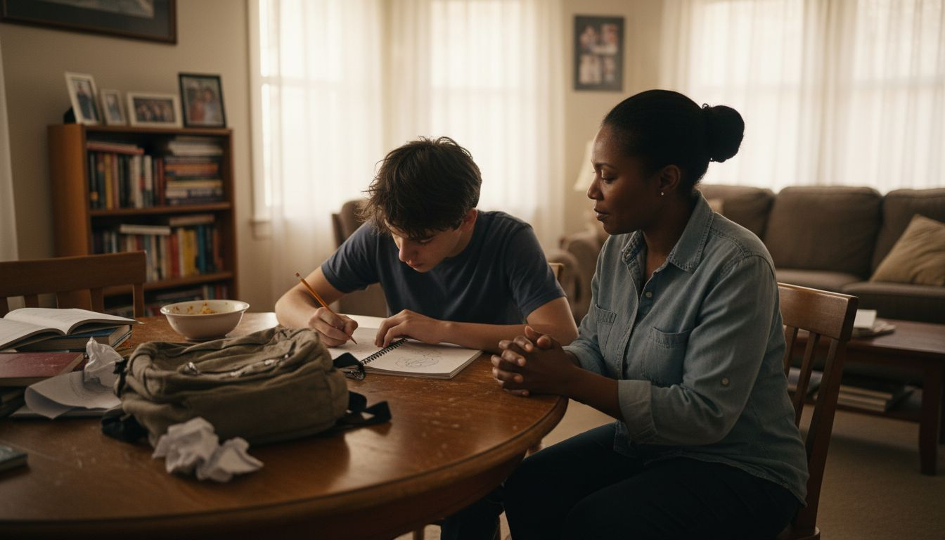 Teen drawing while mother supports