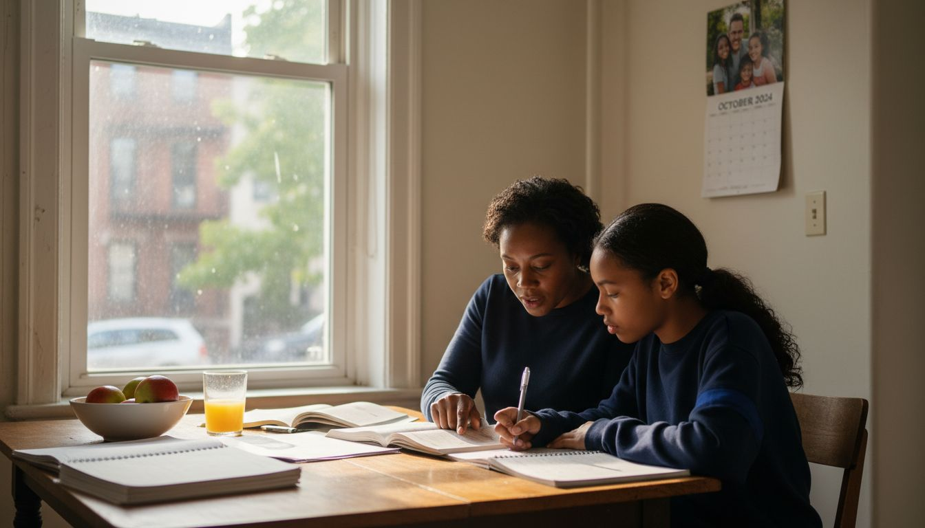 Black mother and daughter at kitchen table working