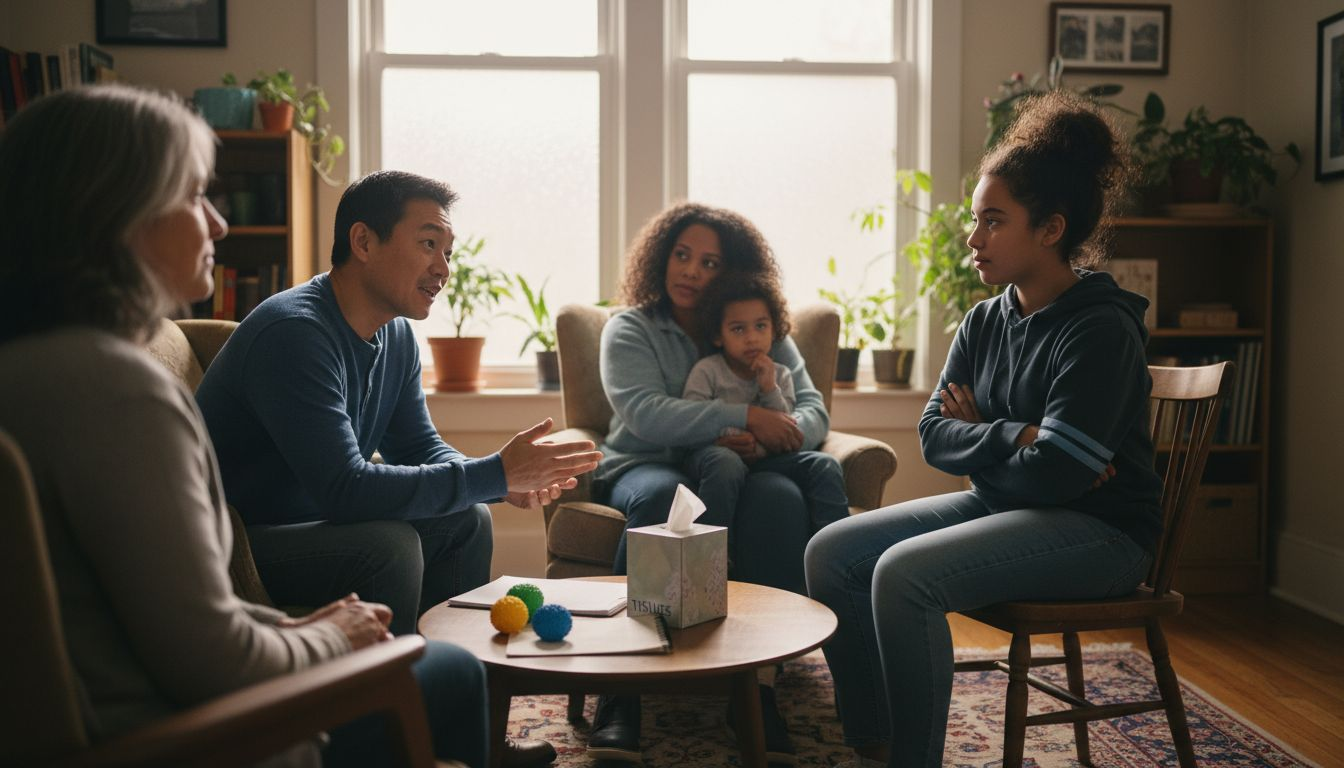 Family participating in group therapy session