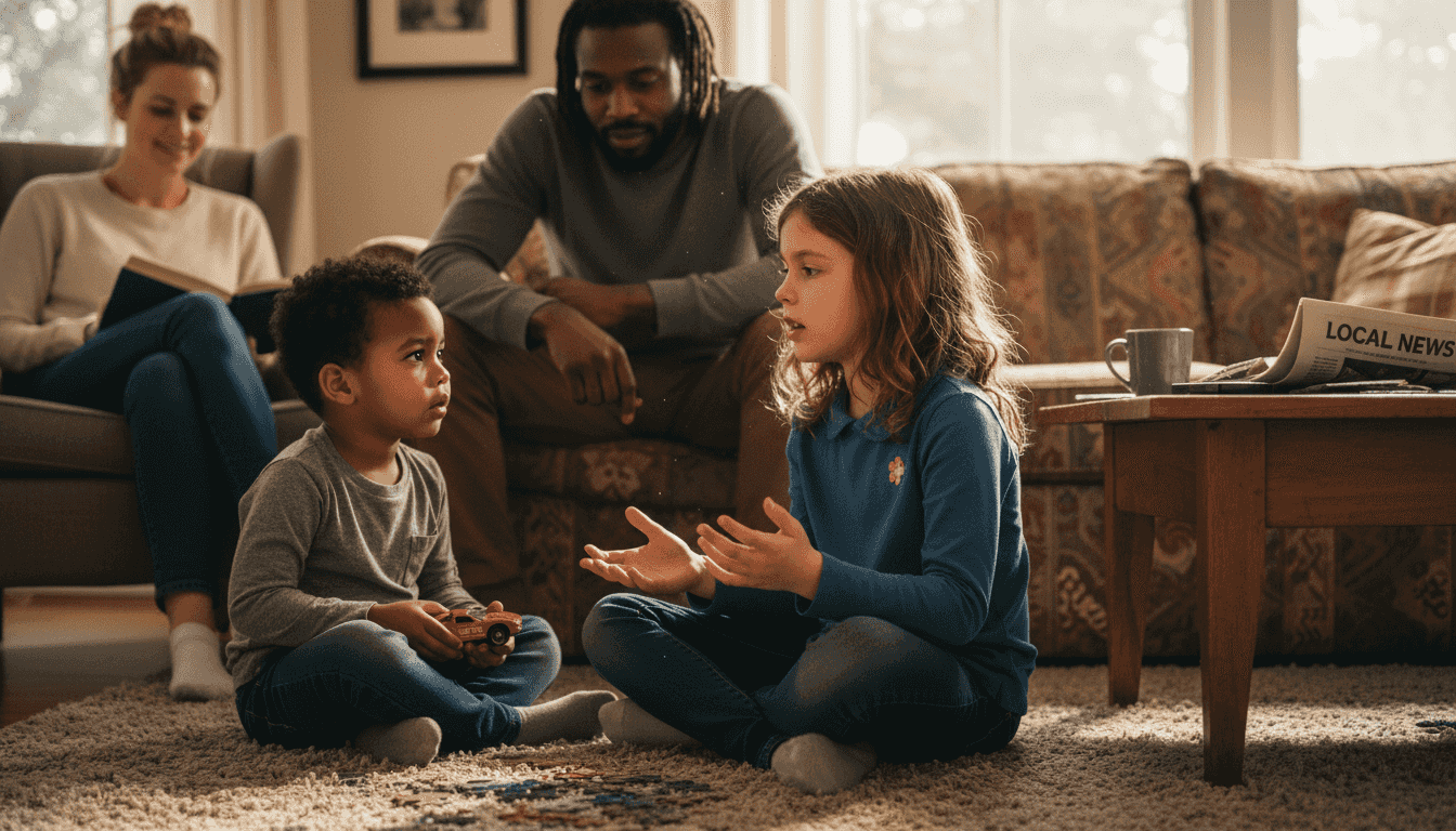 Father listening to kids share feelings