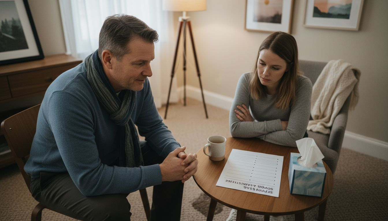 Therapist and client in calm therapy room