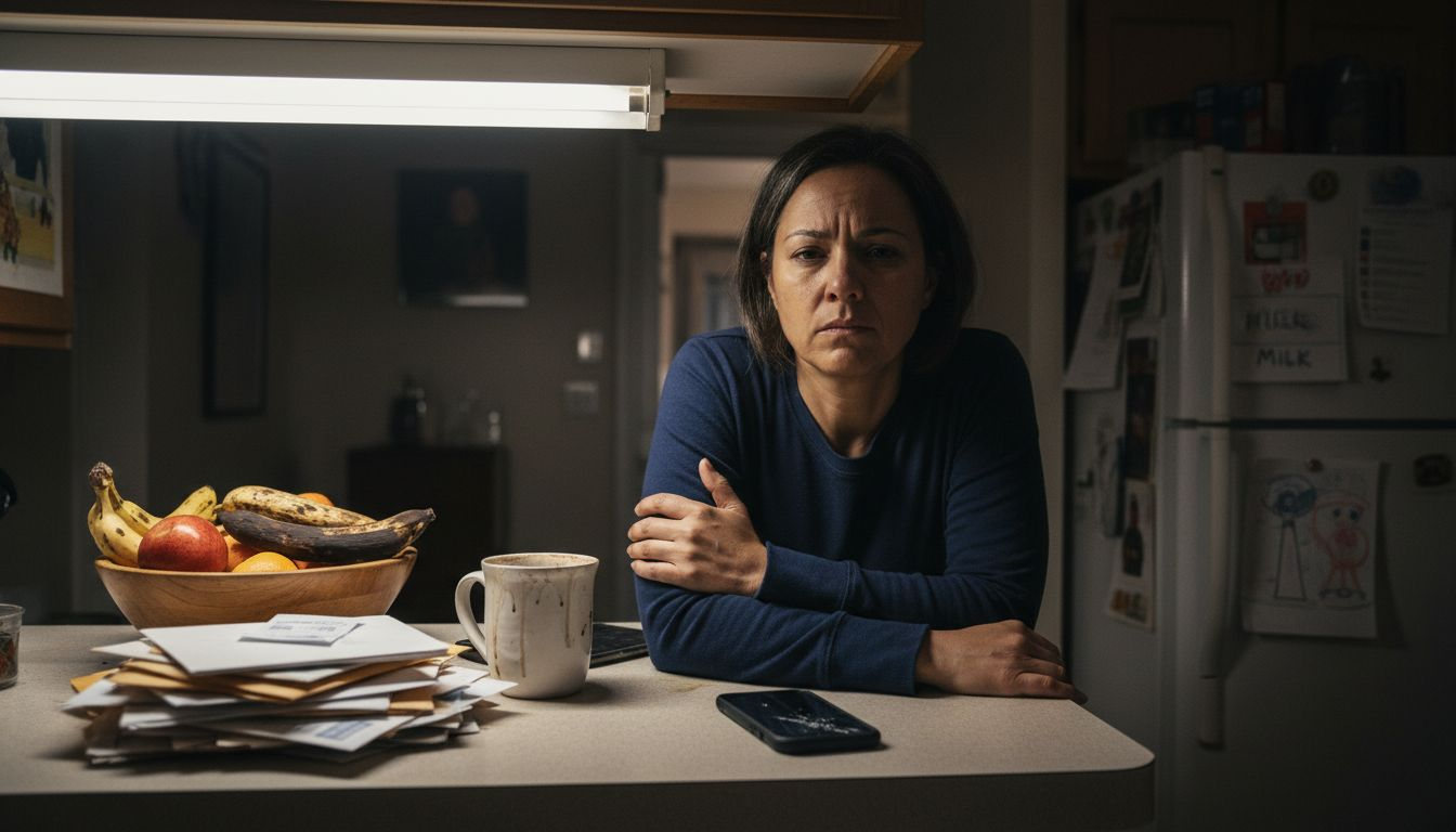 Woman frustrated alone in messy kitchen