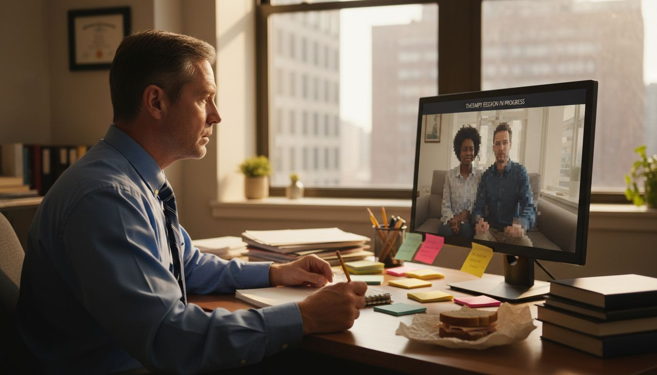 Therapist in virtual counseling workspace