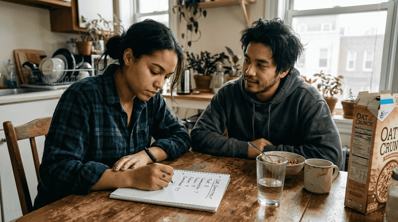 Couple assessing trust readiness over breakfast