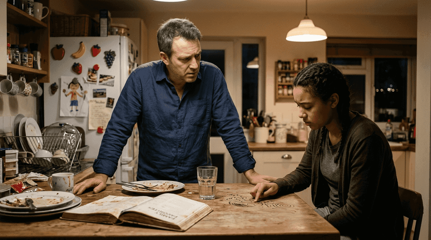 Parent and child discuss conflict in kitchen