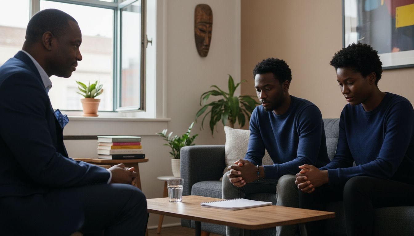 Black couple and therapist discuss racial stress in office