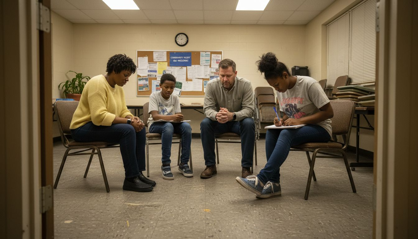 Black family participating in group counseling