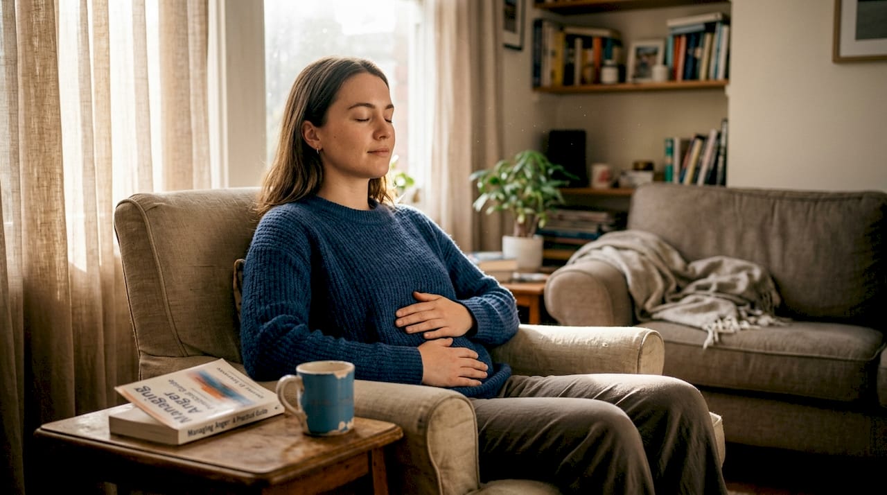Woman practicing deep breathing at home