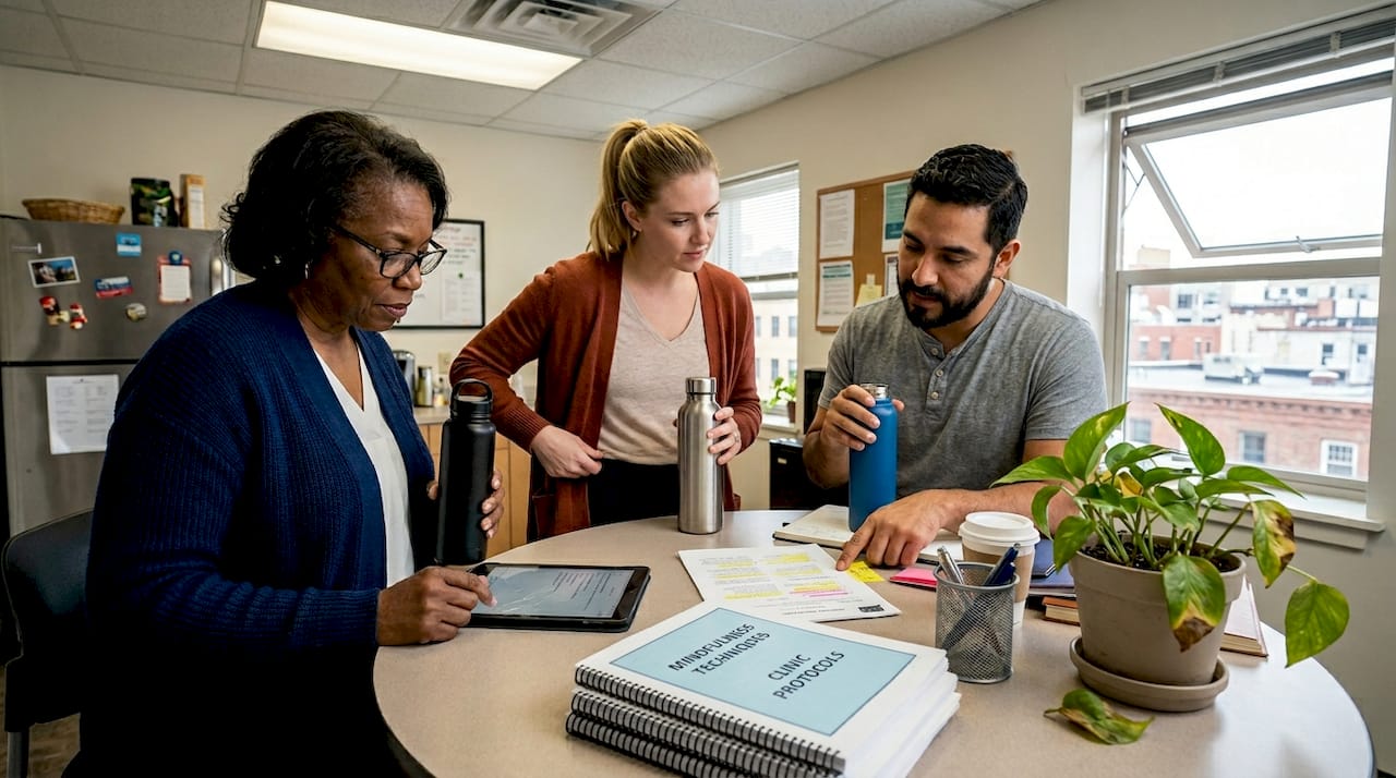Team of diverse therapists in clinic breakroom
