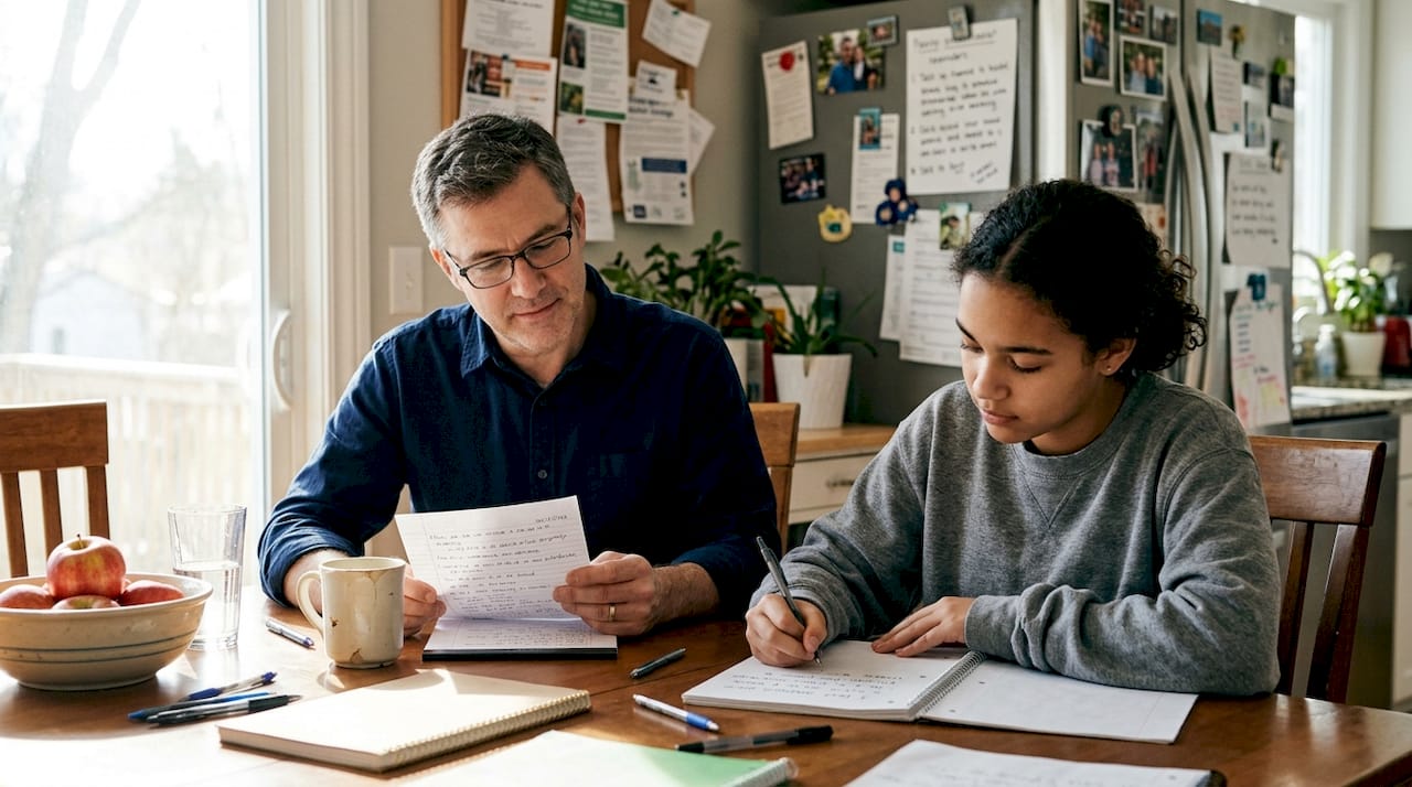 Family practicing communication at kitchen table