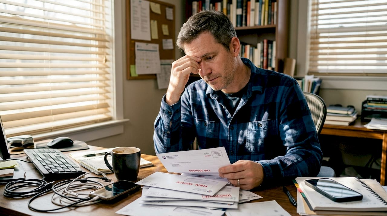Man experiencing stress over bills at desk