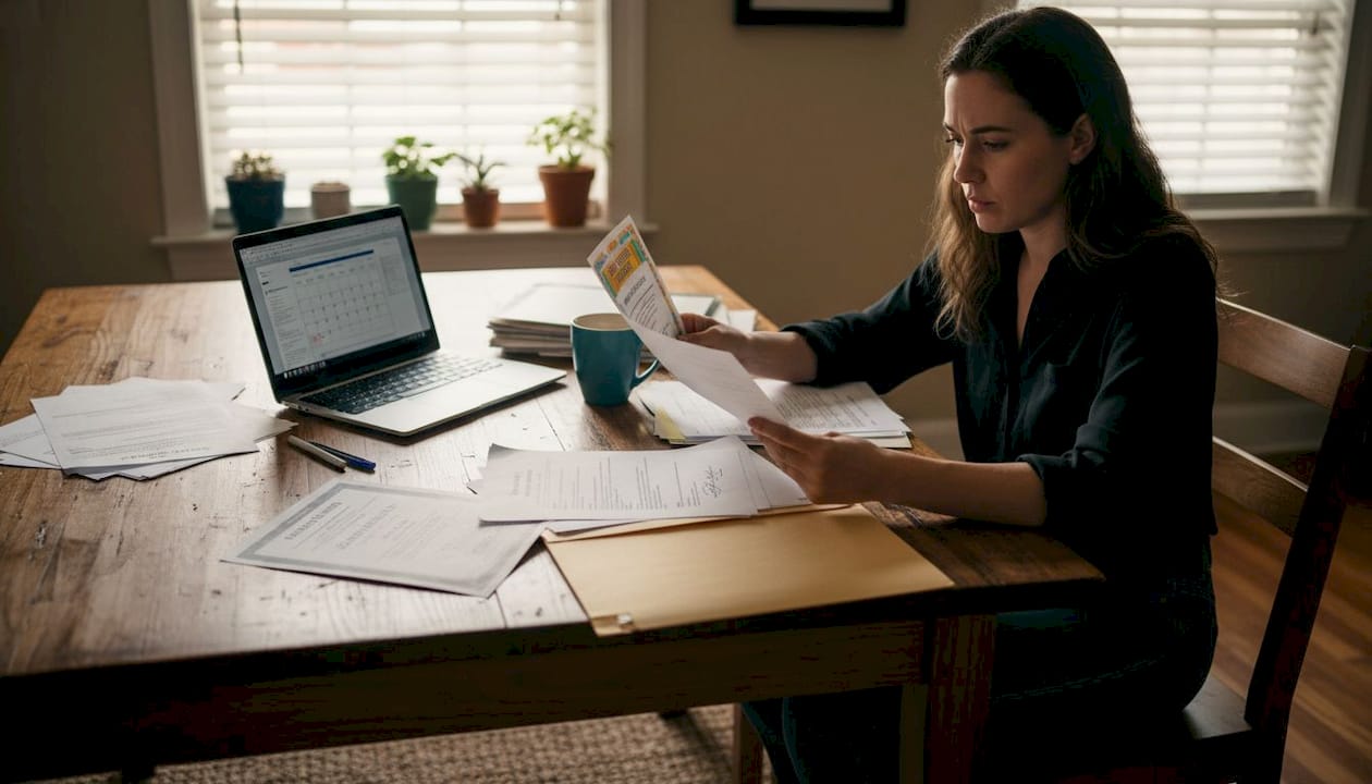Woman verifying class certificates for compliance