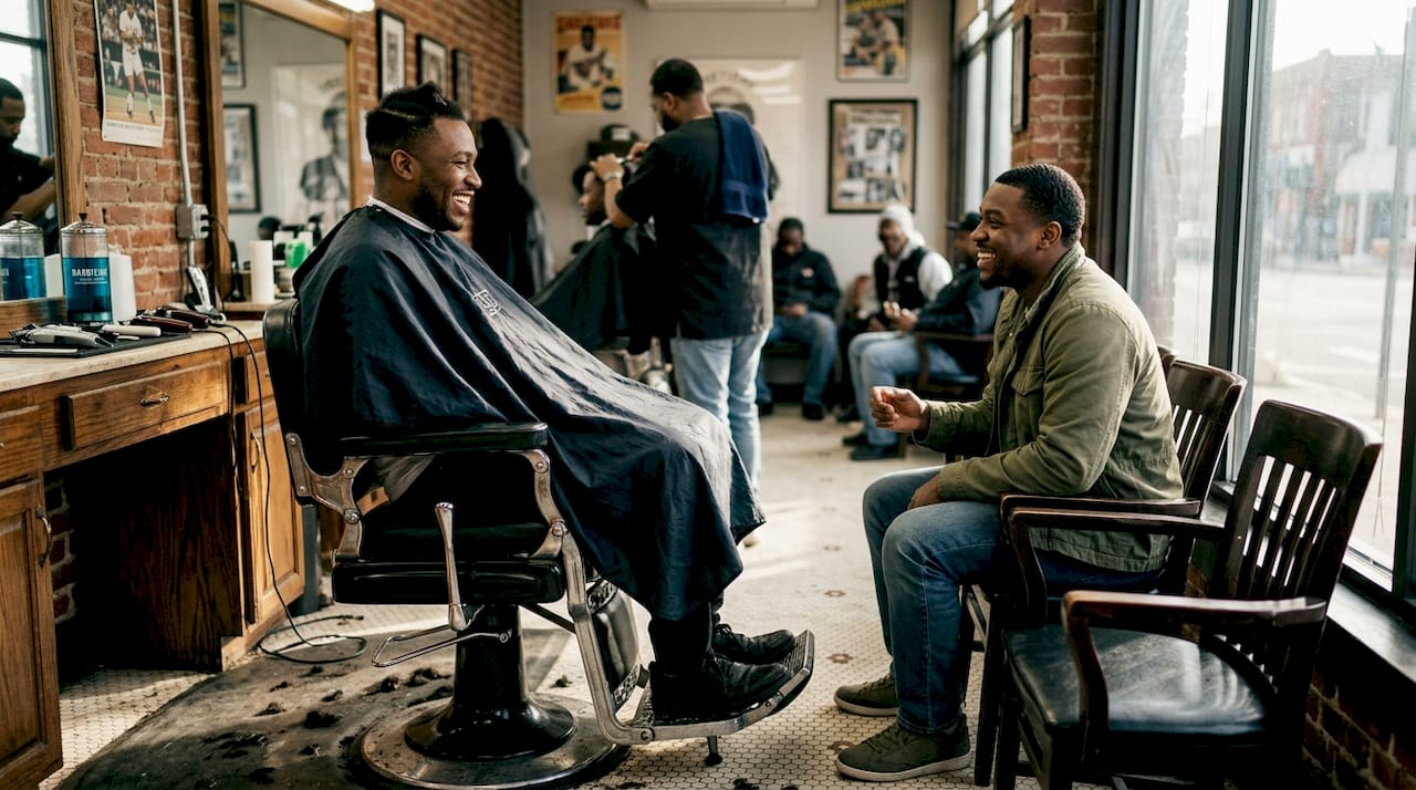 Casual talk in neighborhood barbershop