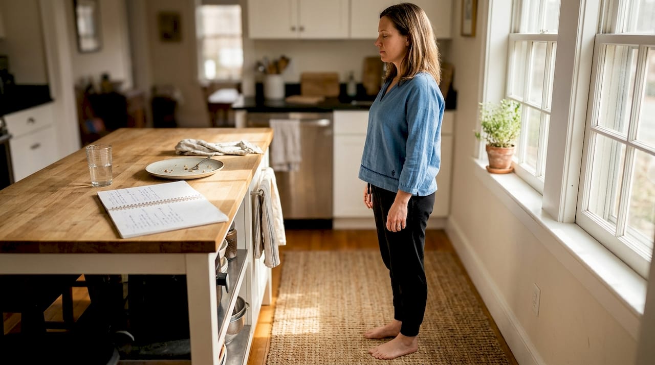 Woman doing mindful body scan in kitchen