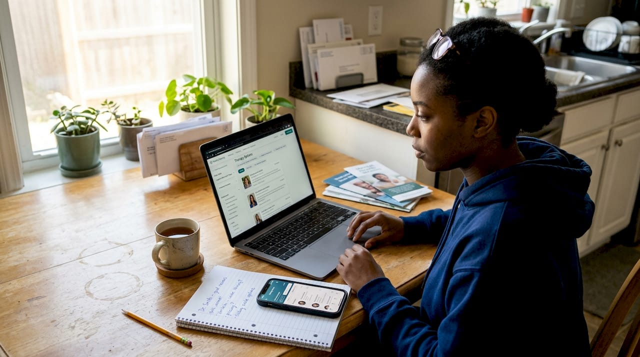 Comparing mental health resource options at kitchen table