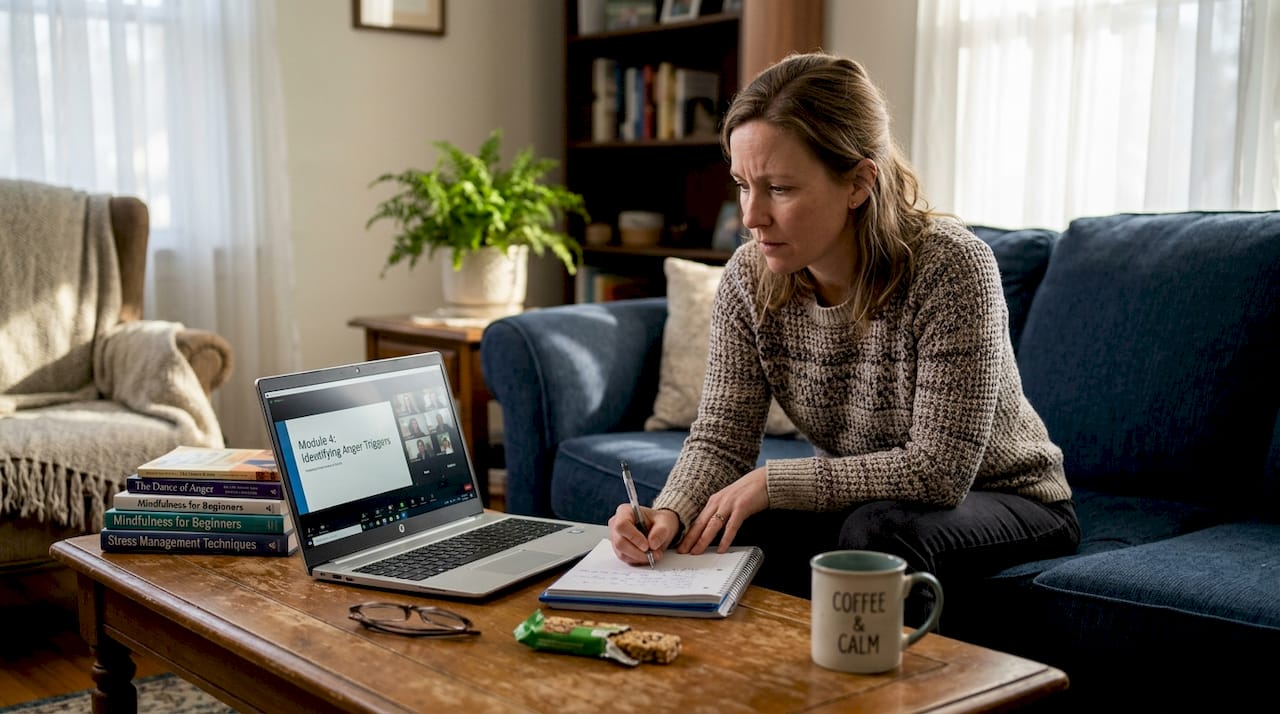 Woman studying anger management class at home