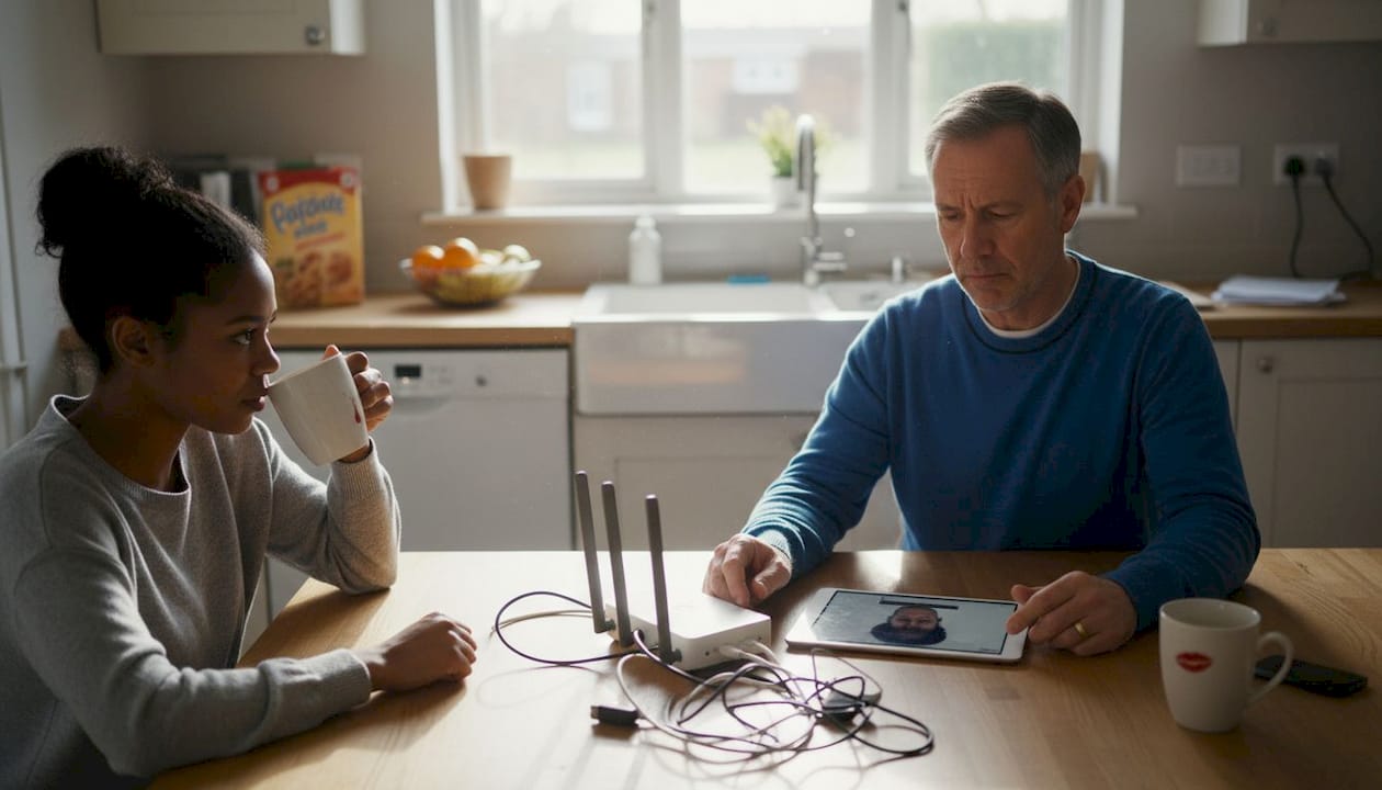 Man troubleshooting teletherapy connection at kitchen table
