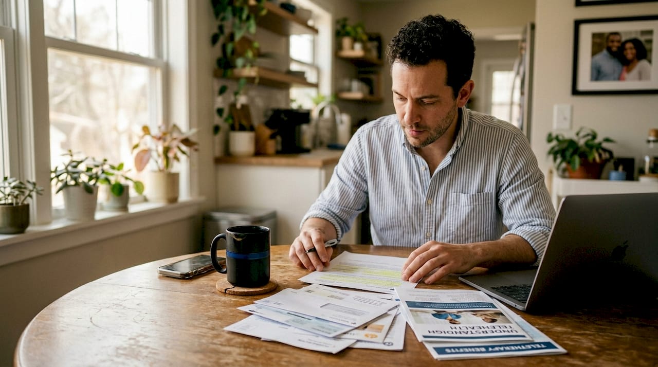 Man reviewing telehealth materials at kitchen table
