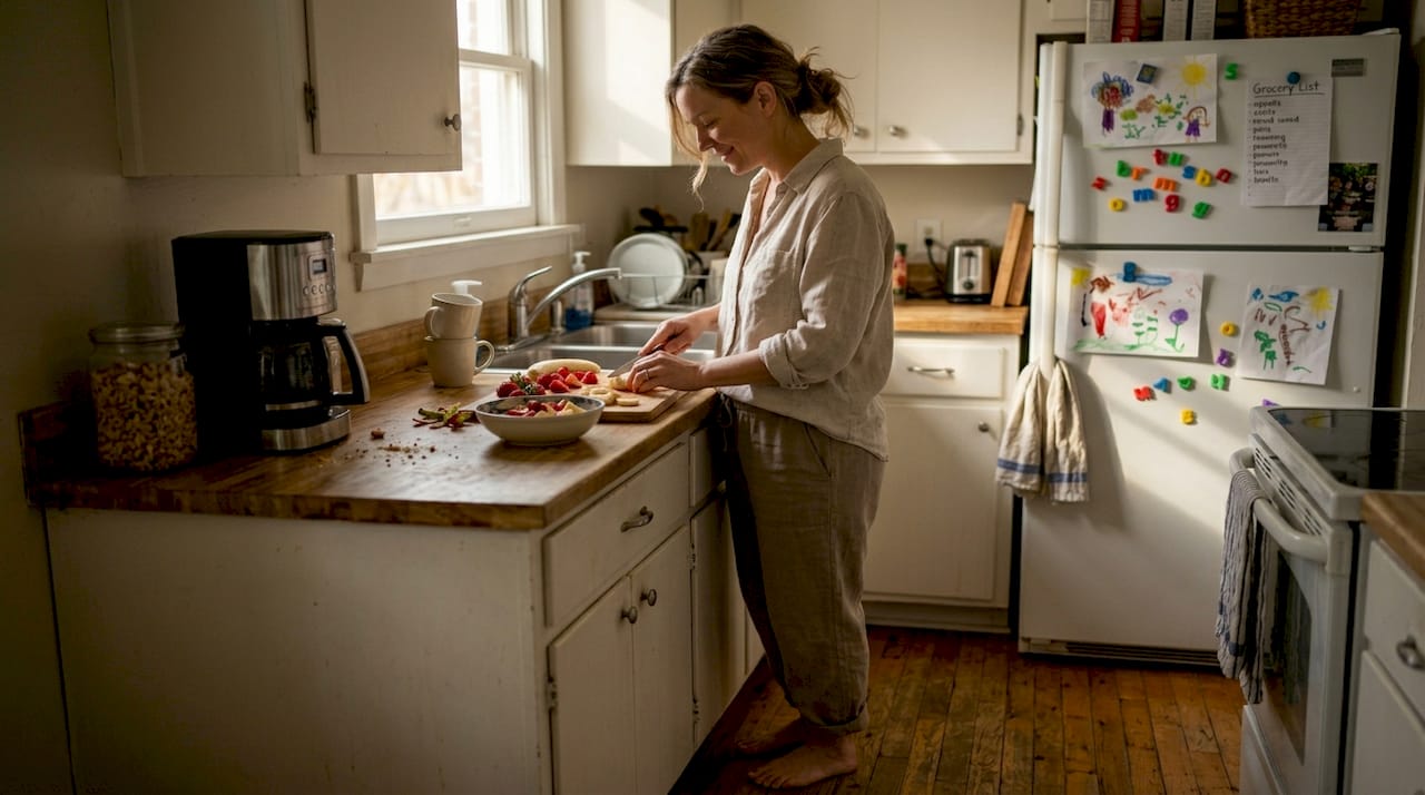 Woman practicing self-care making breakfast