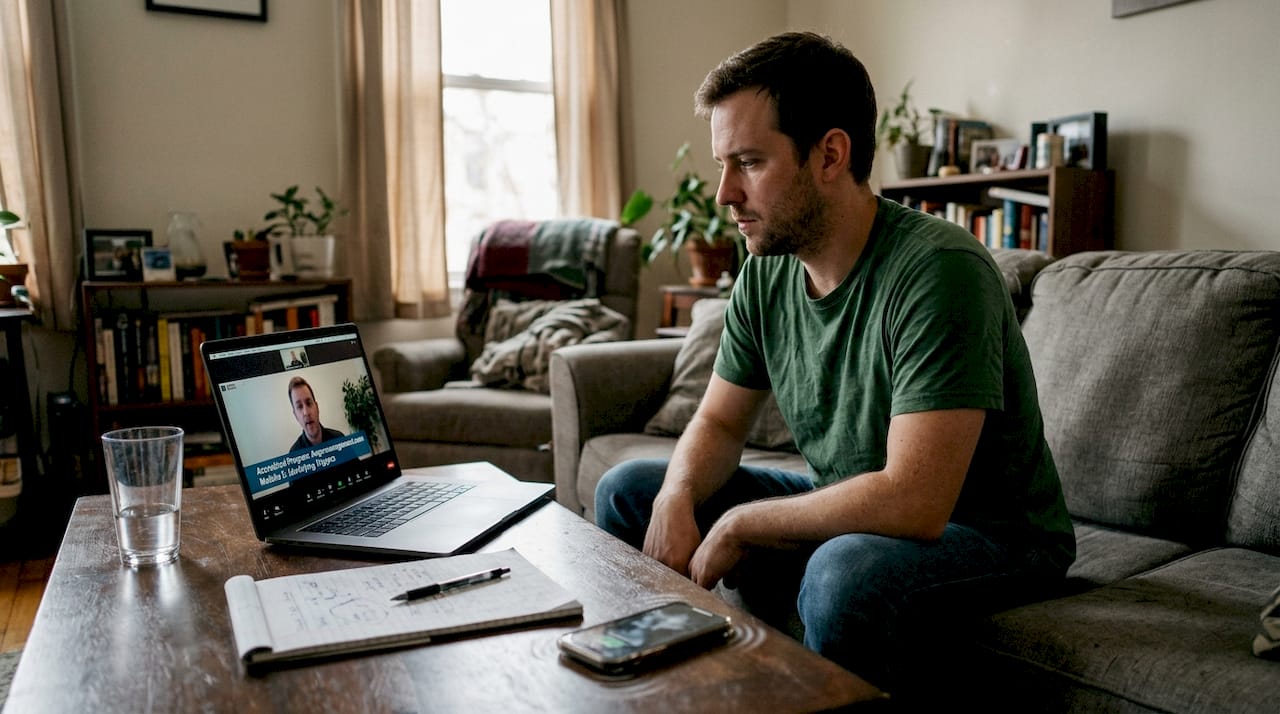 Man completing online anger management session