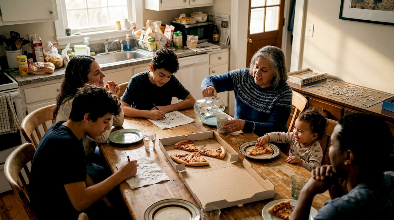 Blended multicultural family conversing in kitchen