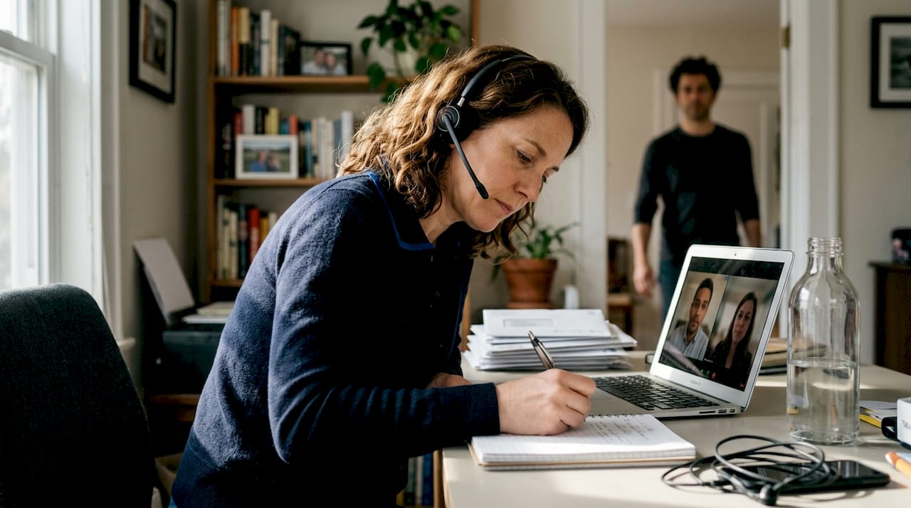 Woman taking therapy call in home office