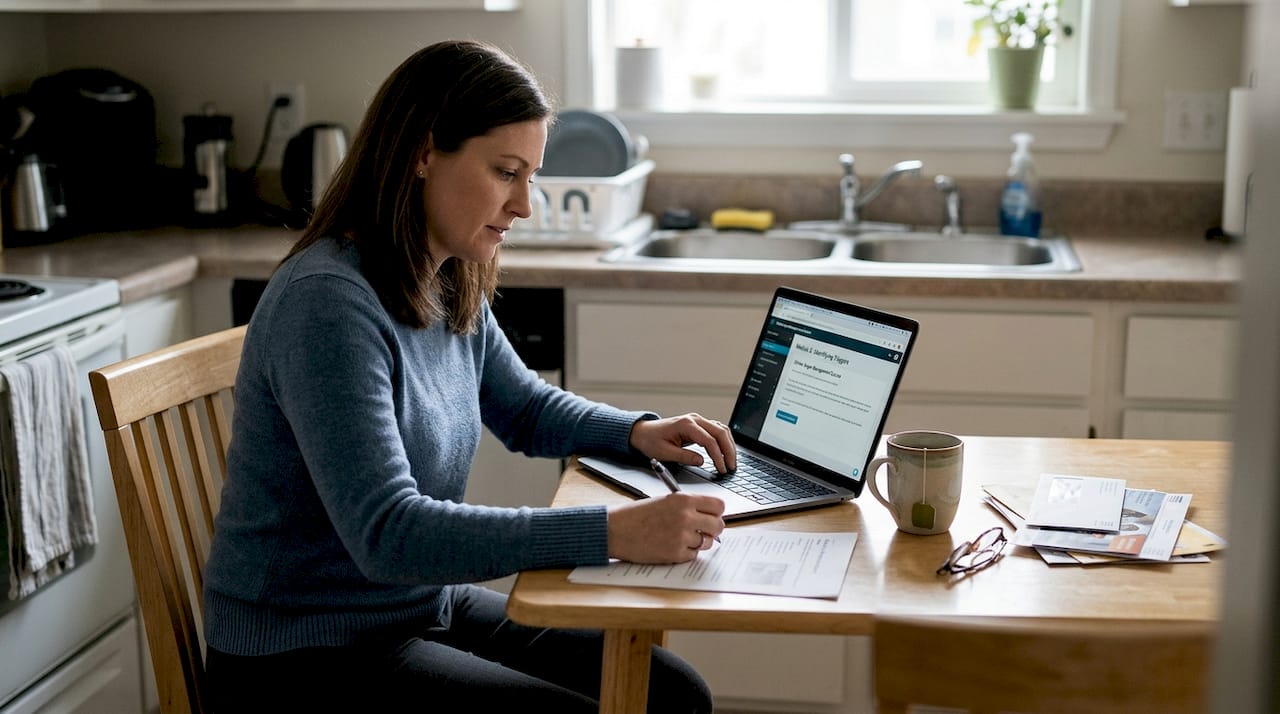 Woman taking online anger management course at home