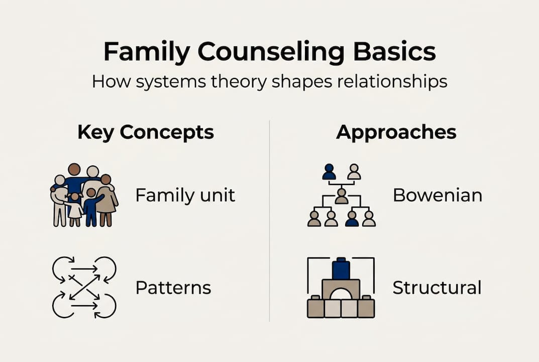 Infographic showing family counseling concepts and approaches