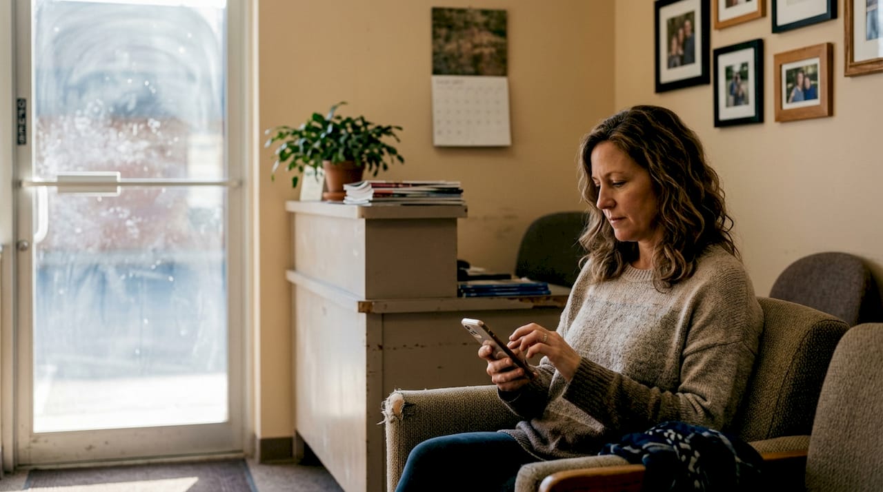 Person researching counselor in waiting area