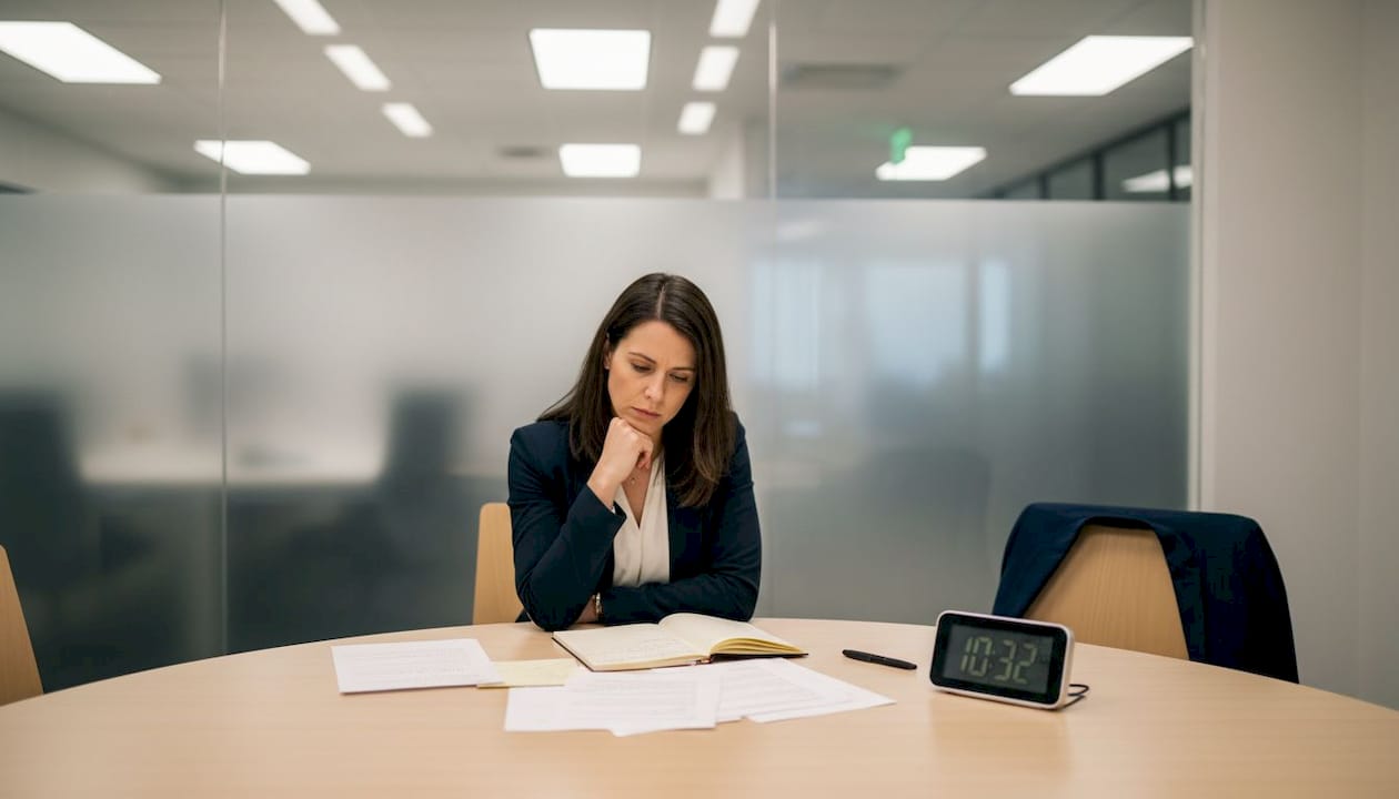 Woman reflecting on thoughts in quiet meeting room
