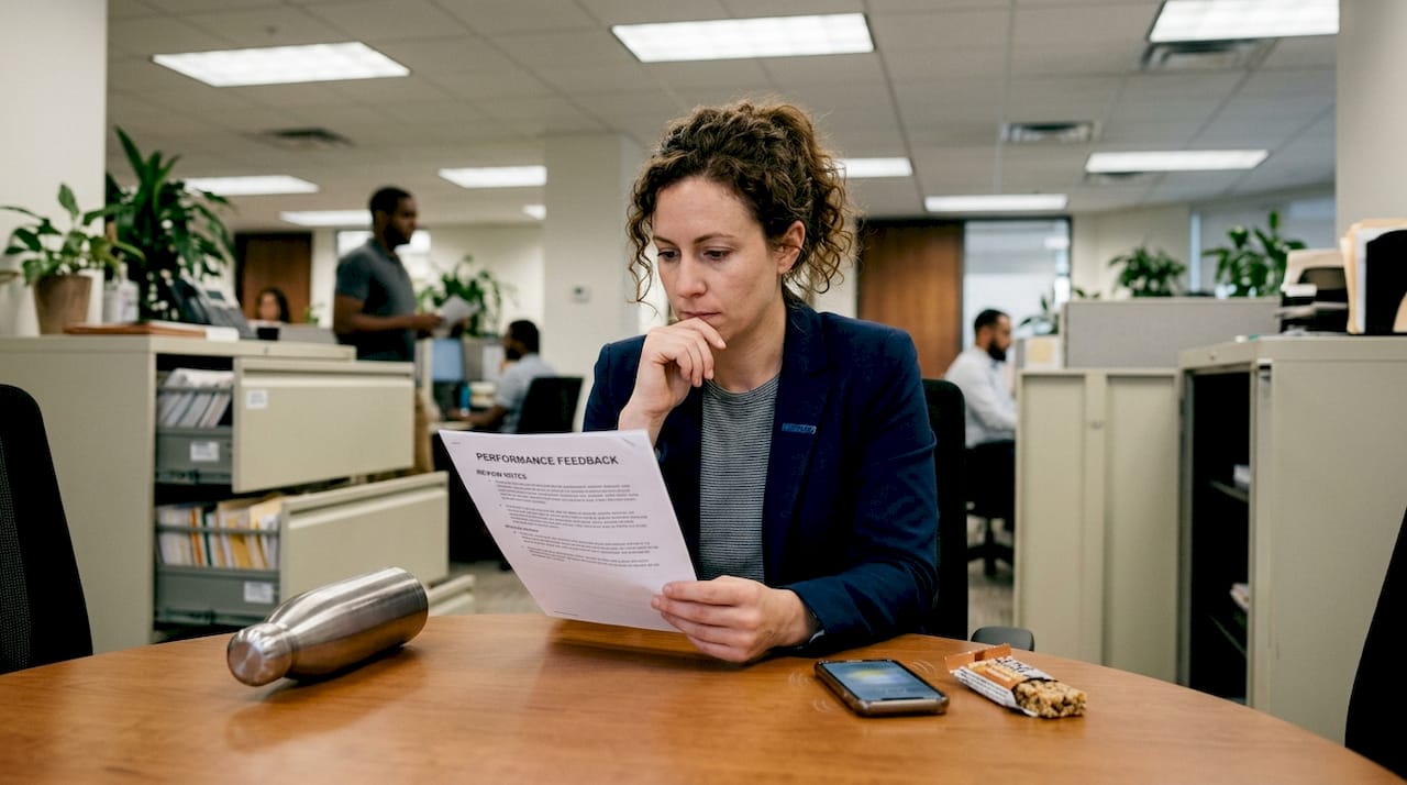 Employee reading feedback, workplace moment