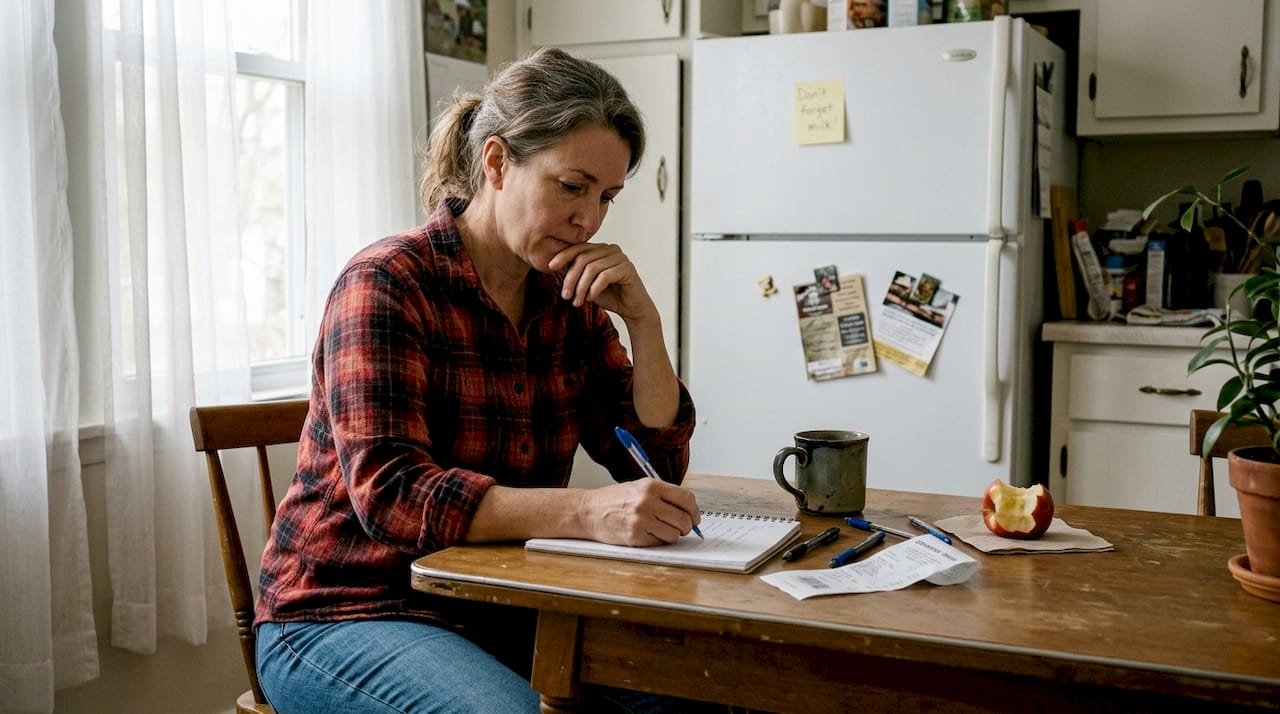 Woman journaling at kitchen table reflecting