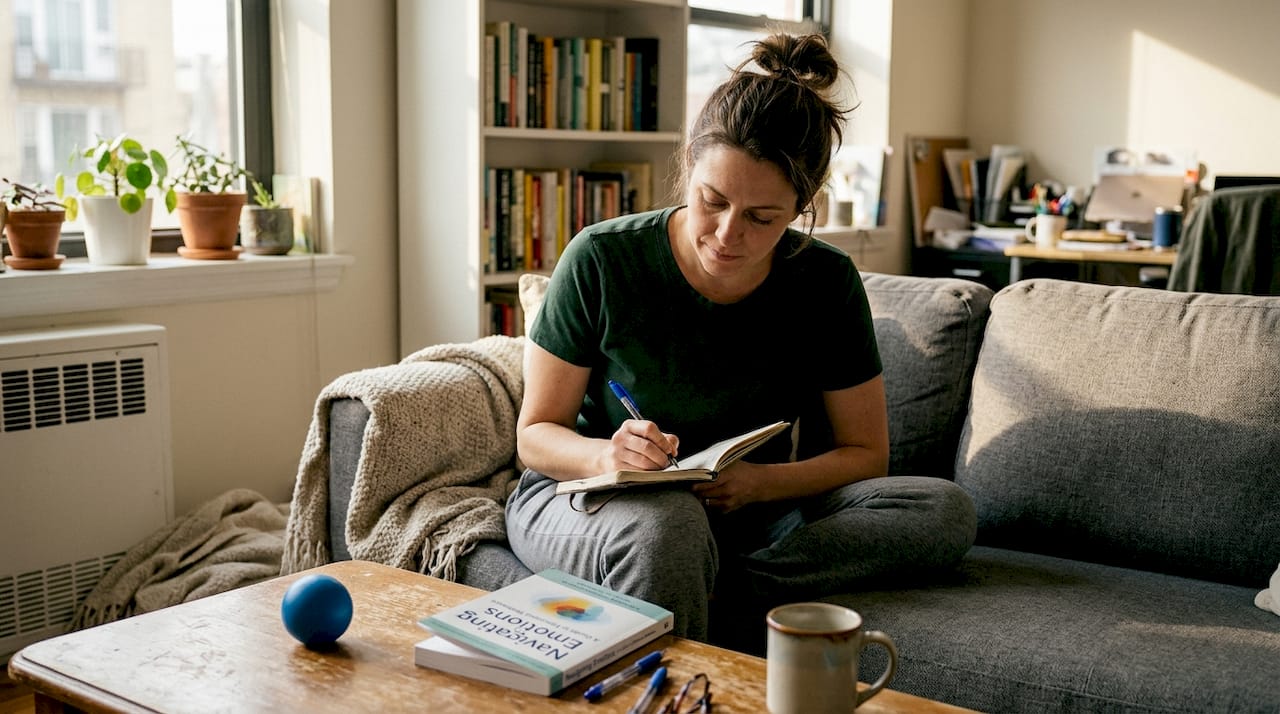 Woman journaling emotions on sofa at home