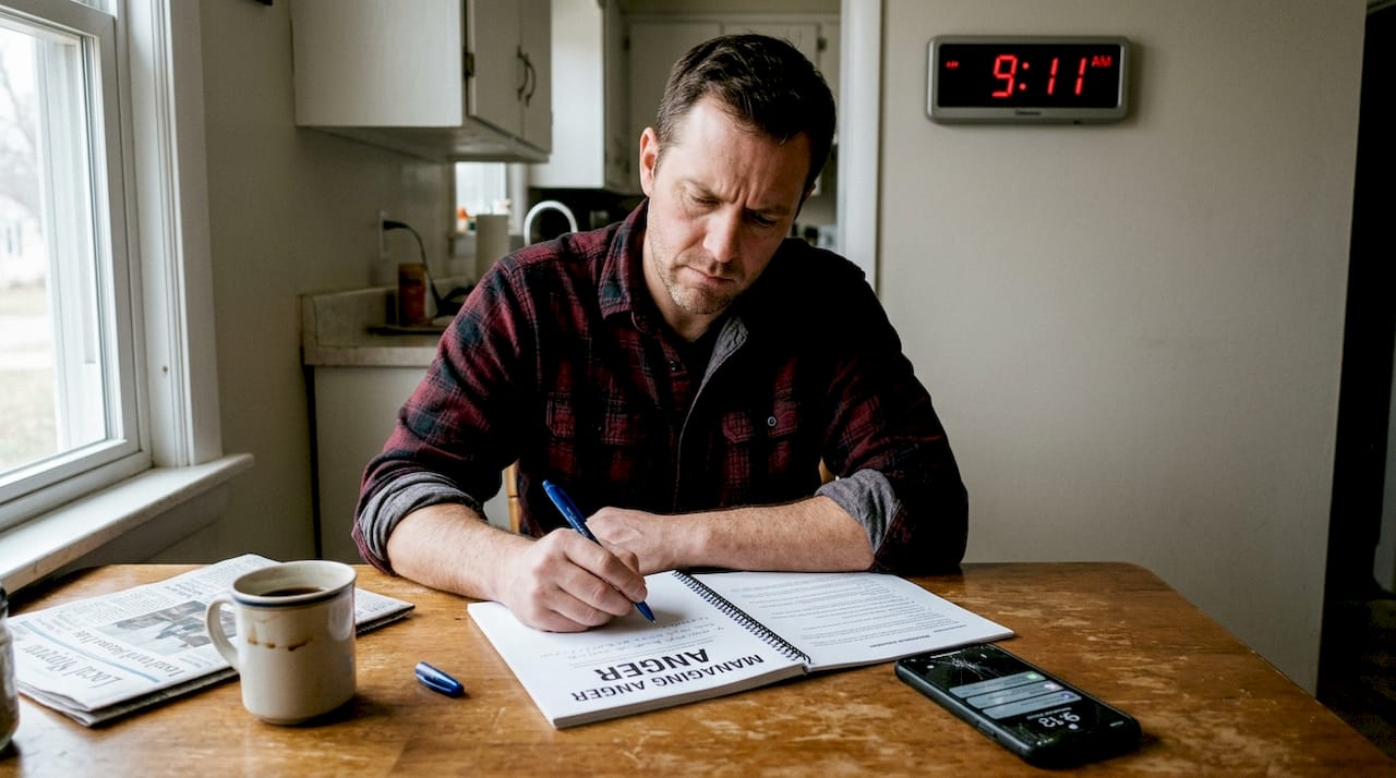 Man working on anger management at kitchen table
