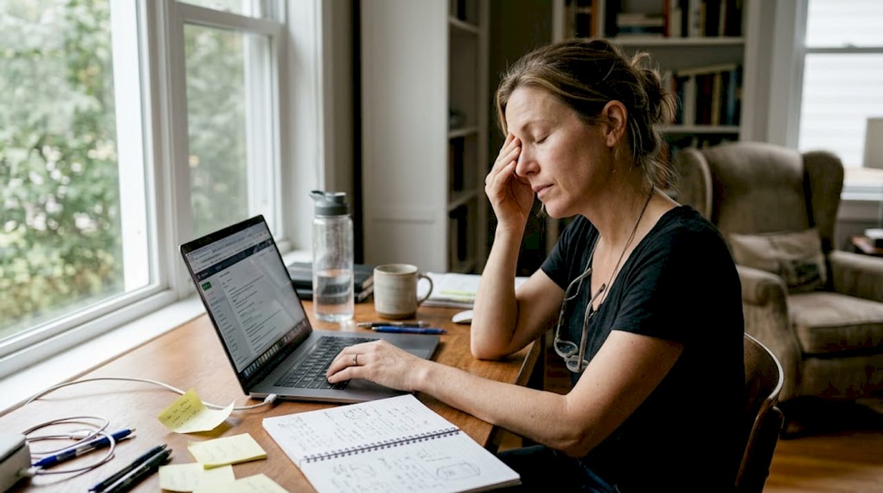 Annoyed woman at cluttered home office desk