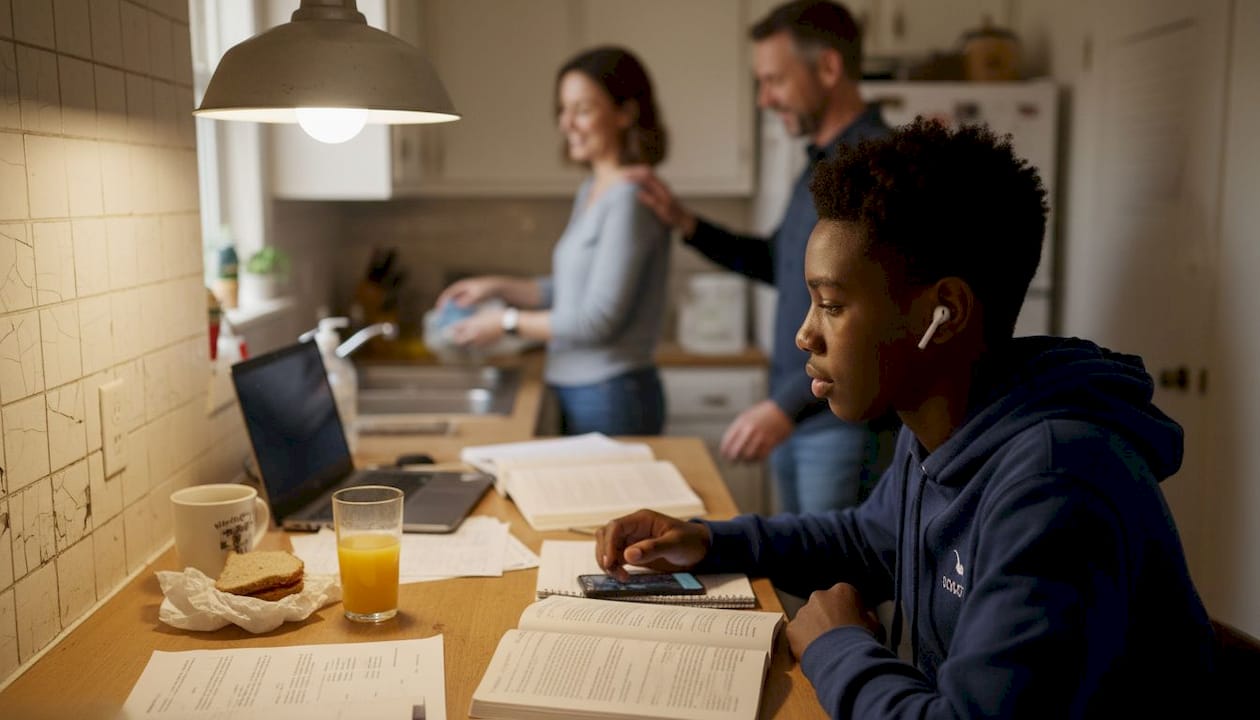 Black teen studying at kitchen counter