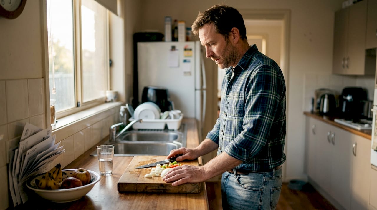 Father reflecting at cluttered kitchen counter