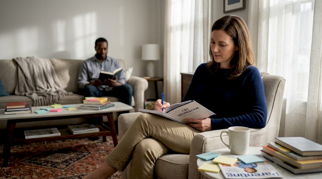 Mother using CBT workbook managing anger
