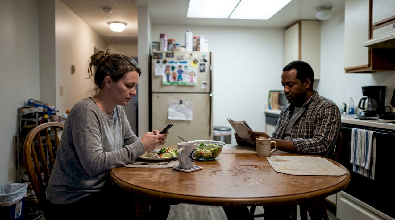 Woman distracted at kitchen table feeling stress