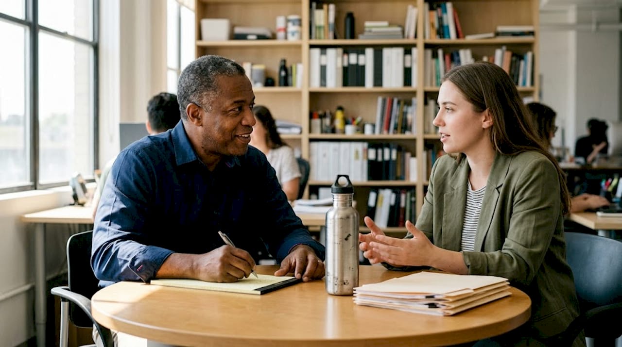 Manager listening and taking notes in office